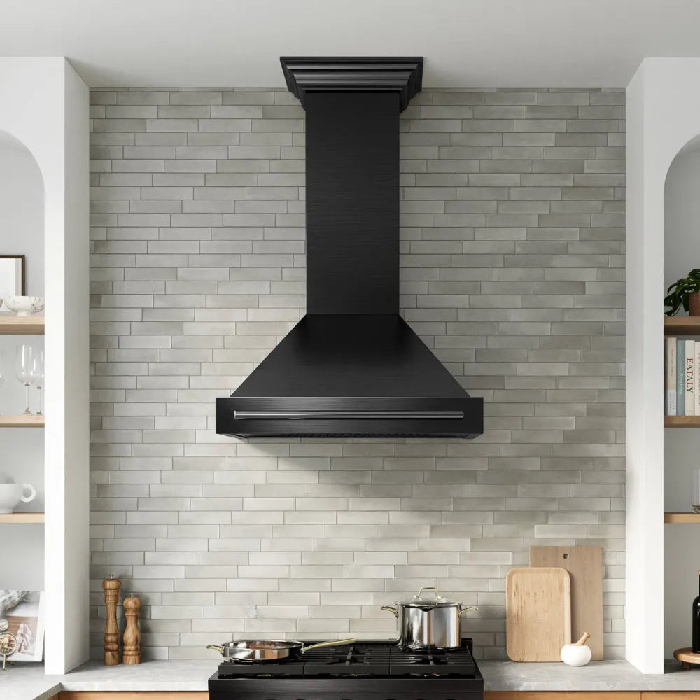 ZLINE 36 in. Wall-Mount Range Hood Helix Handle (Set of 1) in Black Stainless Steel (RHHZ-K-BS-36) installed in a designer kitchen.
