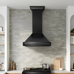 ZLINE 36 in. Wall-Mount Range Hood Helix Handle (Set of 1) in Black Stainless Steel (RHHZ-K-BS-36) installed in a designer kitchen.