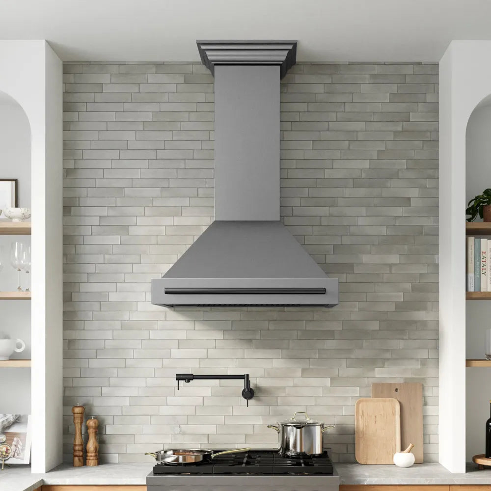 ZLINE Autograph Edition 36 in. Wall-Mount Range Hood Helix Handle (Set of 1) in Matte Black (RHHZ-K-MB-36) installed in a designer kitchen.