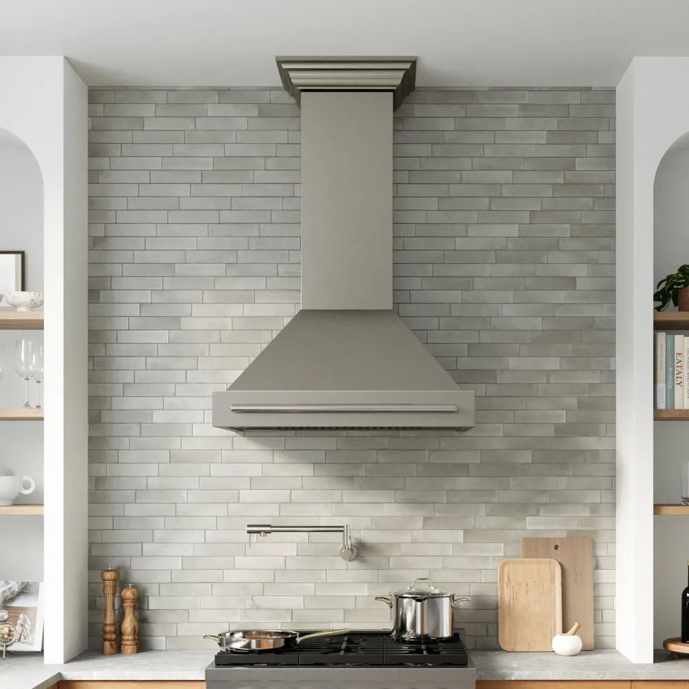 ZLINE 36 in. Wall-Mount Range Hood Helix Handle (Set of 1) in Stainless Steel (RHHZ-K-ST-36) installed in a designer kitchen.