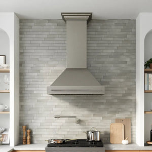 ZLINE 36 in. Wall-Mount Range Hood Helix Handle (Set of 1) in Stainless Steel (RHHZ-K-ST-36) installed in a designer kitchen.