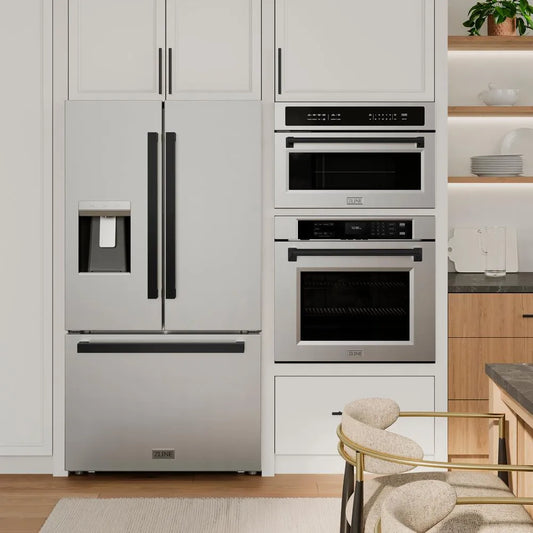 ZLINE Autograph Edition 36 in. 28.9 cu. ft. Standard-Depth French Door External Water Dispenser Refrigerator with Dual Ice Maker in Fingerprint-Resistant Stainless Steel and Matte Black Modern Handles (RSMZ-W-36-FMB) in a modern kitchen with matching microwave and wall oven.
