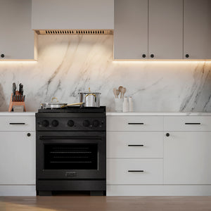 ZLINE 30 in. 4.2 cu. ft. Paramount Dual Fuel Range with 4 Burner Gas Cooktop and Electric Convection Oven in Black Satin Stainless Steel (SDRBS-30) in a modern kitchen with a white marble backsplash.