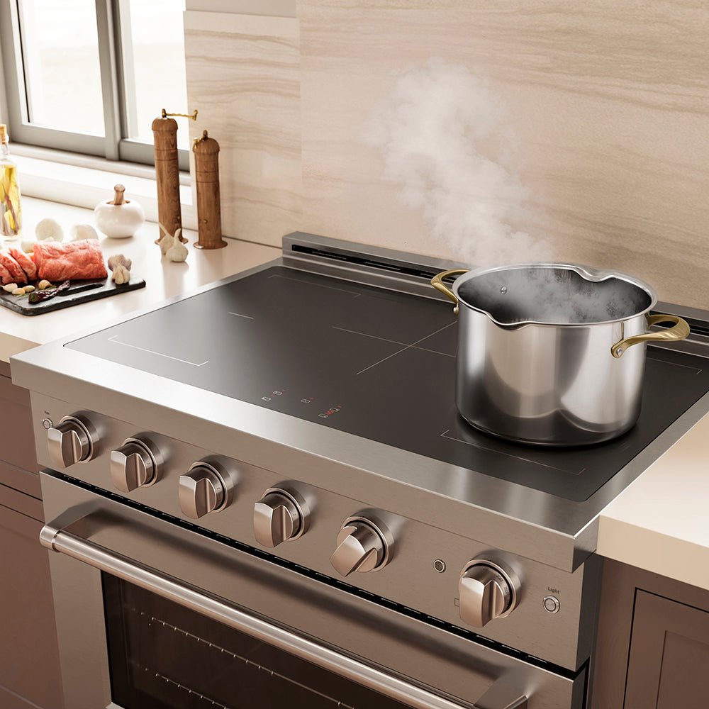 ZLINE 36 in. 5.2 cu. ft. Paramount Induction Range with 5 Element Cooktop and Electric Convection Oven in Stainless Steel (SINR36) with a pot on the burner, steam rising, in a kitchen.