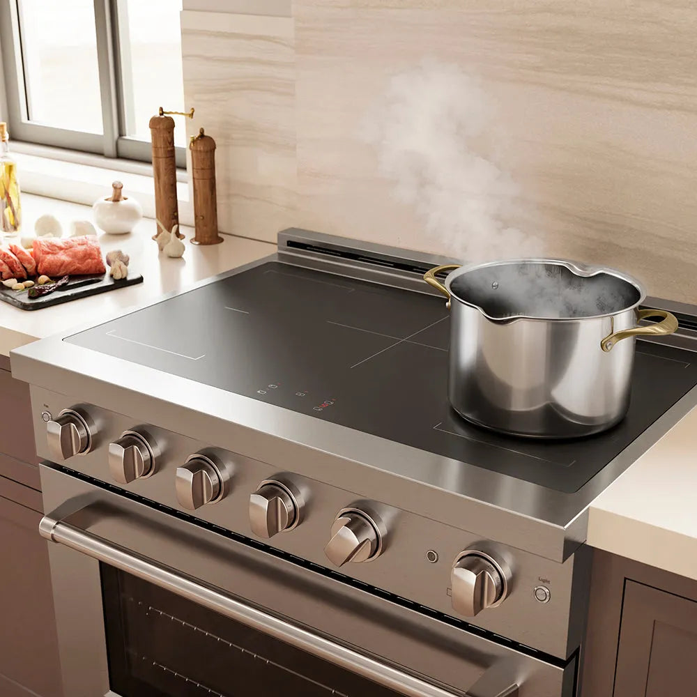 ZLINE 36 in. 5.2 cu. ft. Paramount Induction Range with 5 Element Cooktop and Electric Convection Oven in Stainless Steel (SINR36) with a pot on the burner, steam rising, in a kitchen.