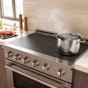 ZLINE 36 in. 5.2 cu. ft. Paramount Induction Range with 5 Element Cooktop and Electric Convection Oven in Stainless Steel (SINR36) with a pot on the burner, steam rising, in a kitchen.