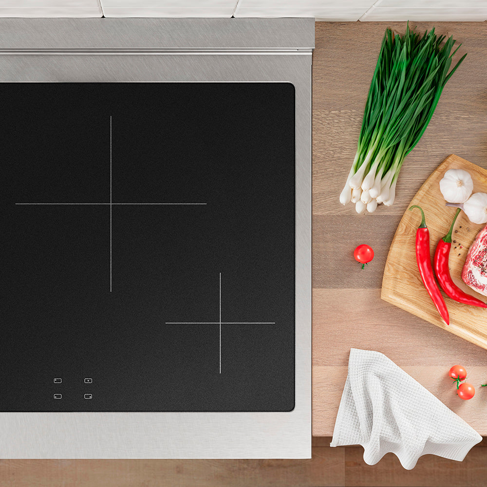 ZLINE 30 in. 4.2 cu. ft. Paramount Induction Range with 4 Element Cooktop and Electric Convection Oven in Satin Stainless Steel with Black Matte Door (SINRS-BLM-30) top-down, above induction cooktop.