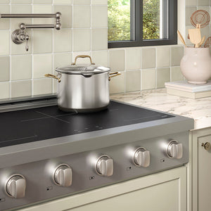 ZLINE 36 in. Paramount Induction Rangetop with 5 Element Cooktop in Stainless Steel (SINRT36) in a designer kitchen with tiled backsplash, light green cabinets, angled.