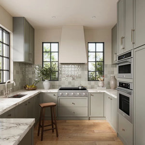 ZLINE 36 in. Paramount Induction Rangetop with 5 Element Cooktop in Stainless Steel (SINRT36) in a designer kitchen with light green cabinets, marble countertop, and wooden floor, front.