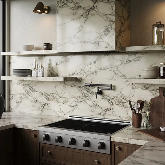 A modern kitchen interior with a white marble backsplash and matching marble countertops, dark wood cabinetry, a ZLINE Autograph Edition 36 in. Paramount Induction Rangetop with 5 Element Cooktop in Satin Stainless Steel and Matte Black Accents (SINRTSZ-36-MB), floating shelves with dishes, and a black wall-mounted faucet.