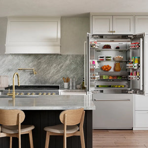 ZLINE 36 in. 19.6 cu. ft. French Door Built-In Bottom Freezer Refrigerator with Water Dispenser and Ice Maker in Stainless Steel with Stainless Steel Interior (SRBIV-304-36) in a luxury kitchen.