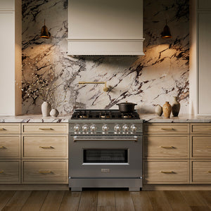 ZLINE 36 in. 5.2 cu. ft. Classic Dual Fuel Range with 6 Burner DuoPro™ Cooktop and Electric Convection Oven in Stainless Steel (PCDR36) in a custom kitchen against a marble backsplash, front.