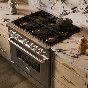 ZLINE 36 in. 5.2 cu. ft. Classic Dual Fuel Range with 6 Burner DuoPro™ Cooktop and Electric Convection Oven in Stainless Steel (PCDR36) in a custom kitchen against a marble backsplash, side, above cooktop.