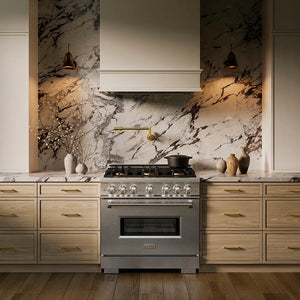 ZLINE 36 in. 5.2 cu. ft. Classic Dual Fuel Range with 6 Burner DuoPro™ Cooktop and Electric Convection Oven in Satin Stainless Steel (PCDRS-36) in a custom kitchen against a marble backsplash, front.