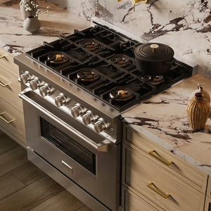 ZLINE 36 in. 5.2 cu. ft. Classic Dual Fuel Range with 6 Burner DuoPro™ Cooktop and Electric Convection Oven in Satin Stainless Steel (PCDRS-36) in a custom kitchen against a marble backsplash, side, above cooktop.