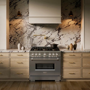 ZLINE 36 in. 5.2 cu. ft. Classic Gas Range with 6 Burner DuoPro™ Cooktop and Convection Gas Oven in Stainless Steel (PCGR36) in a custom kitchen against a marble backsplash, front.
