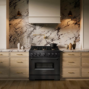 ZLINE 36 in. 5.2 cu. ft. Classic Gas Range with 6 Burner DuoPro™ Cooktop and Convection Gas Oven in Black Stainless Steel (PCGRB-36) in a custom kitchen against a marble backsplash, front.