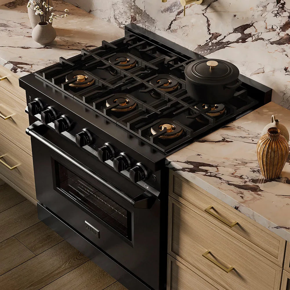 ZLINE 36 in. 5.2 cu. ft. Classic Gas Range with 6 Burner DuoPro™ Cooktop and Convection Gas Oven in Black Stainless Steel (PCGRB-36) in a custom kitchen against a marble backsplash, side, above cooktop.