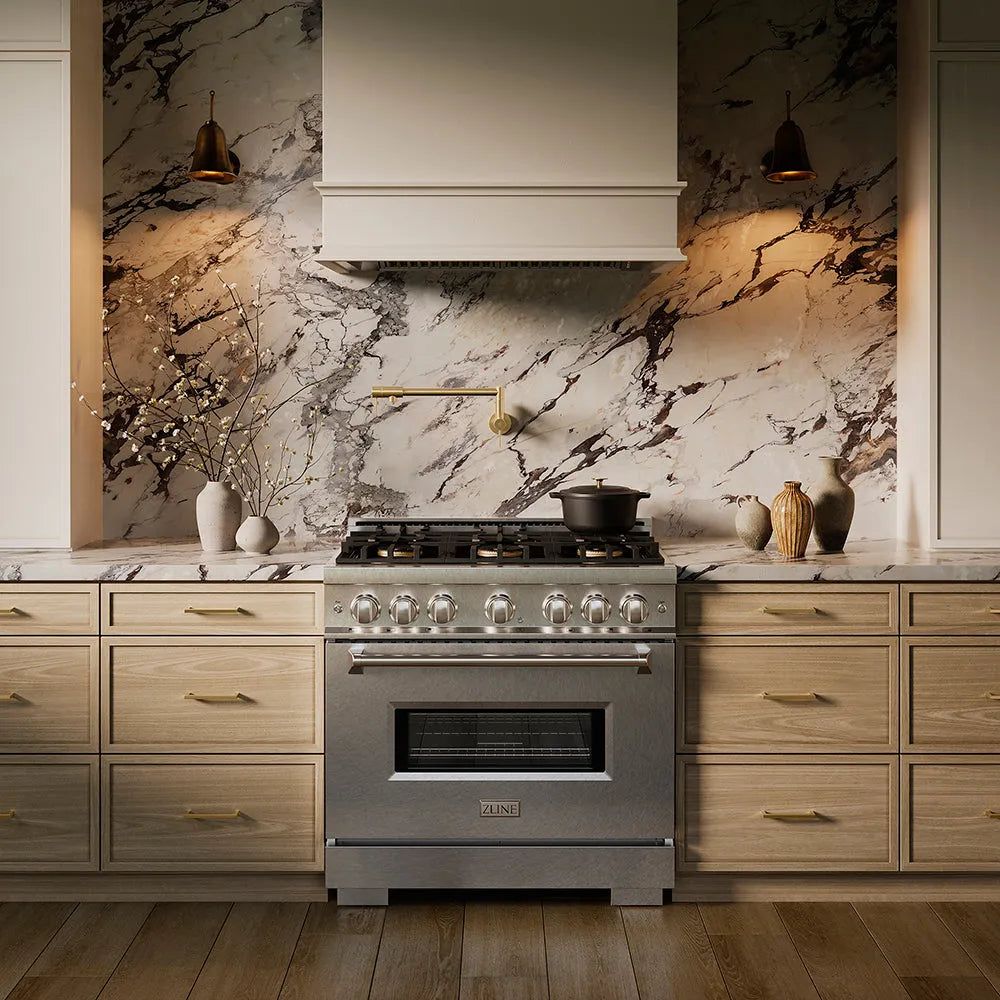 ZLINE 36 in. 5.2 cu. ft. Classic Gas Range with 6 Burner DuoPro™ Cooktop and Convection Gas Oven in Satin Stainless Steel (PCGRS-36) in a custom kitchen against a marble backsplash, front.