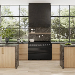 ZLINE 48 in. 6.7 cu. ft. Marino Double Oven Dual Fuel Range with 8 Burner Gas Cooktop in Black Stainless Steel (MDRB-48) front, in a modern kitchen with a matching black range hood and dark stone backsplash, set between light wood cabinets with dark stone countertops in front of large multi-pane windows.