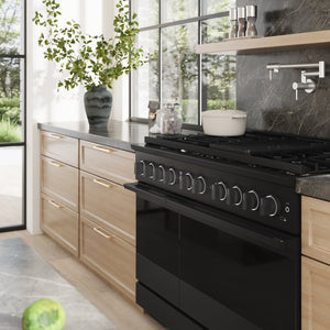 ZLINE 48 in. 6.7 cu. ft. Marino Double Oven Gas Range with 8 Burner Cooktop in Black Stainless Steel (MGRB-48) side, set in a modern kitchen with light wood cabinets, dark stone backsplash, and a white pot on the stovetop.