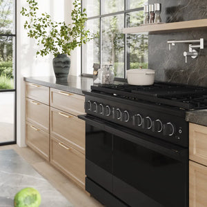 ZLINE 48 in. 6.7 cu. ft. Marino Double Oven Gas Range with 8 Burner Cooktop in Black Stainless Steel (MGRB-48) side, set in a modern kitchen with light wood cabinets, dark stone backsplash, and a white pot on the stovetop.