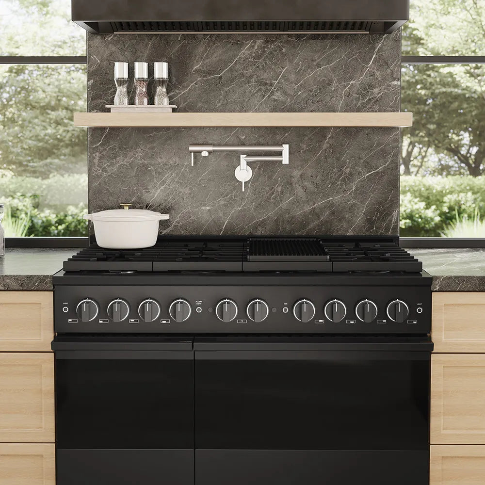 ZLINE 48 in. 6.7 cu. ft. Marino Double Oven Dual Fuel Range with 8 Burner Gas Cooktop in Black Stainless Steel (MDRB-48) front close-up, in a modern kitchen with a dark marble backsplash, light wood shelves, and a white pot on the cooktop.