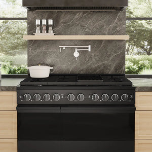 ZLINE 48 in. 6.7 cu. ft. Marino Double Oven Dual Fuel Range with 8 Burner Gas Cooktop in Black Stainless Steel (MDRB-48) front close-up, in a modern kitchen with a dark marble backsplash, light wood shelves, and a white pot on the cooktop.