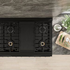 ZLINE 48 in. 6.7 cu. ft. Marino Double Oven Gas Range with 8 Burner Cooktop in Black Stainless Steel (MGRB-48) top-down, above cooking surface.