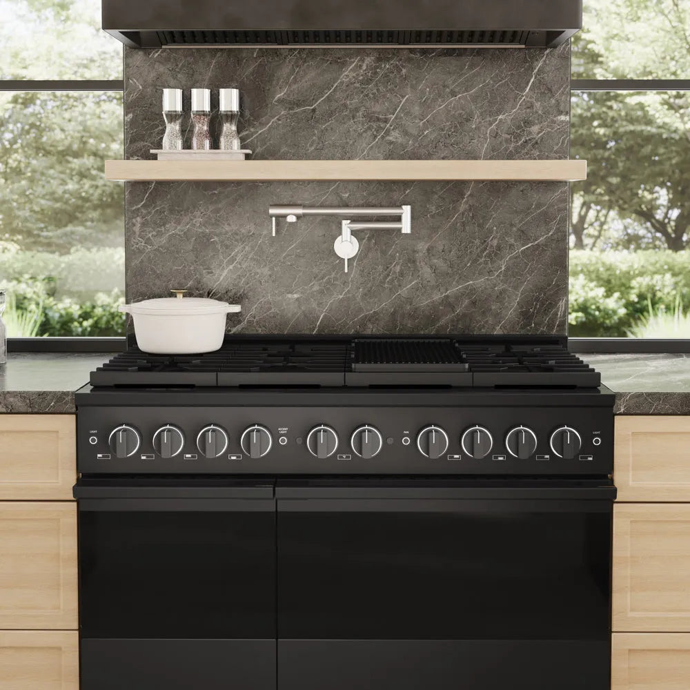 ZLINE 48 in. 6.7 cu. ft. Marino Gas Range with 8 Burner DuoPro™ Cooktop and Dual Ovens in Black Stainless Steel (PMGRB-48) front close-up, in a modern kitchen with a dark marble backsplash, light wood shelves, and a white pot on the cooktop.