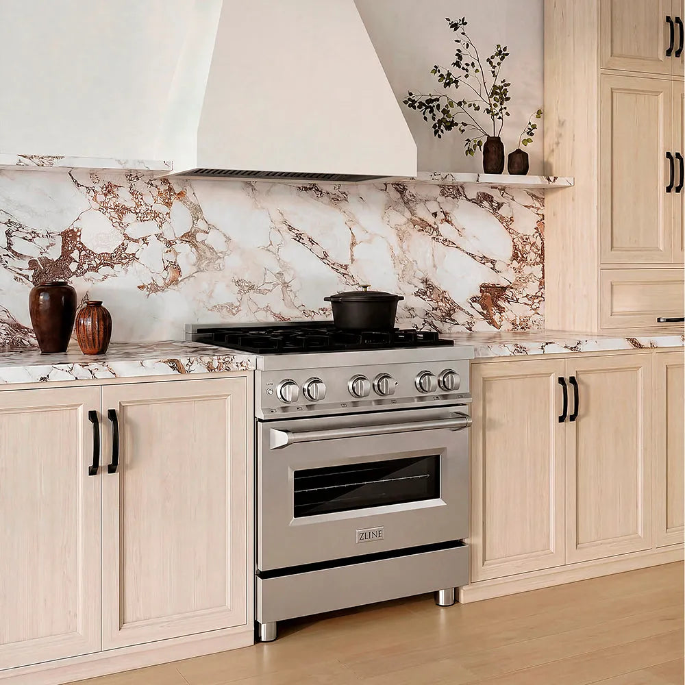 Luxury farmhouse kitchen with ZLINE 30 in. 4.0 cu. ft. Legacy Dual Fuel Range with 4 Burner Gas Cooktop and Electric Convection Oven in Stainless Steel (RA30) and marble backsplash