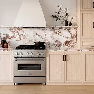 Luxury farmhouse kitchen with ZLINE 30 in. 4.0 cu. ft. Legacy Dual Fuel Range with 4 Burner Gas Cooktop and Electric Convection Oven in Stainless Steel (RA30) and marble backsplash