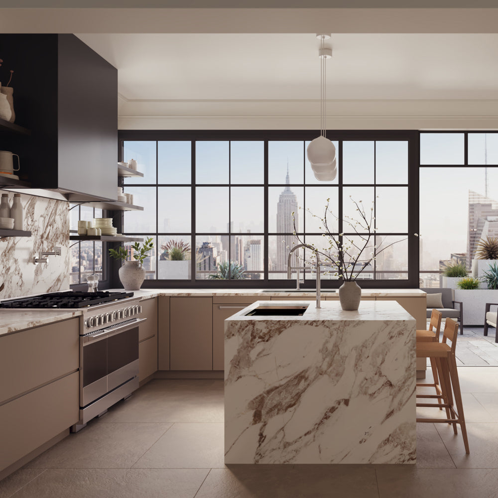 ZLINE 48 in. 6.7 cu. ft. Marino Dual Fuel Range with 8 Burner Gas Cooktop and Dual Ovens in Stainless Steel (MDR48) front, set in a modern kitchen with beige cabinets, a large marble island, dark cabinetry, and expansive windows overlooking a city skyline.