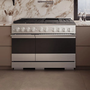 ZLINE 48 in. 6.7 cu. ft. Marino Dual Fuel Range with 8 Burner DuoPro™ Cooktop and Dual Ovens in Stainless Steel (PMDR48) front, set in a modern kitchen with beige cabinets and a marble backsplash.