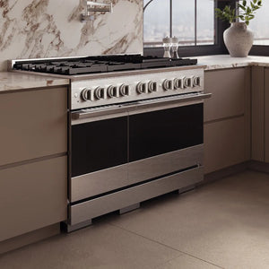 ZLINE 48 in. 6.7 cu. ft. Marino Dual Fuel Range with 8 Burner DuoPro™ Cooktop and Dual Ovens in Satin Stainless Steel (PMDRS-48), side, set in a modern kitchen with beige cabinets and a marble backsplash.