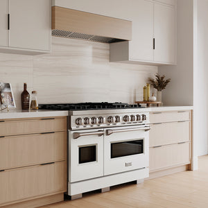 ZLINE 48 in. 6.7 cu. ft. Classic Dual Fuel Range with 8 Burner DuoPro™ Cooktop and Dual Ovens with White Matte Doors (PCDR-WM-48) in a custom kitchen with wooden cabinets and white walls, side.
