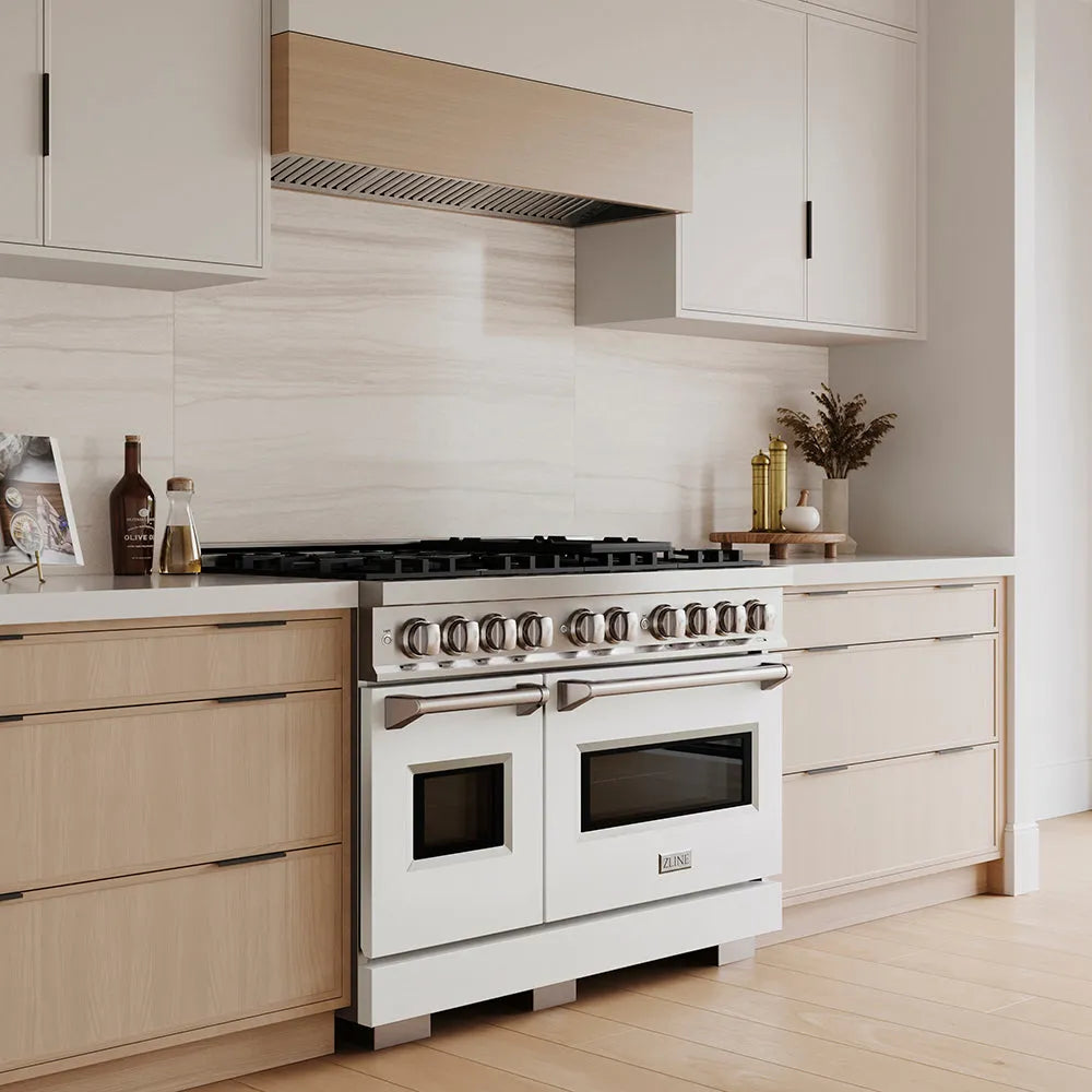 ZLINE 48 in. 6.7 cu. ft. Classic Gas Range with 8 Burner DuoPro™ Cooktop and Dual Ovens with White Matte Doors (PCGR-WM-48) in a custom kitchen with wooden cabinets and white walls, side.