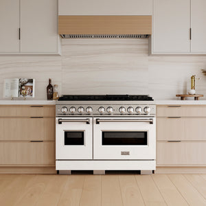 ZLINE 48 in. 6.7 cu. ft. Classic Gas Range with 8 Burner DuoPro™ Cooktop and Dual Ovens with White Matte Doors (PCGR-WM-48) in a custom kitchen with wooden cabinets and white walls, front.