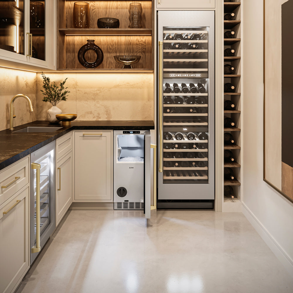 ZLINE Autograph Edition 15 in. Touchstone Nugget Ice Maker with Drain Pump and Solid Stainless Steel Door with Champagne Bronze Handle (INGDZ-ST-15-CB)