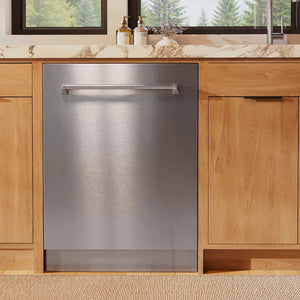 ZLINE 24 in. Monument Series 3rd Rack Dishwasher with Auto Door Open Drying, 44dBa, Stainless Steel Panel (DWMT-304-24) front, in a kitchen with wooden cabinets and a window view.