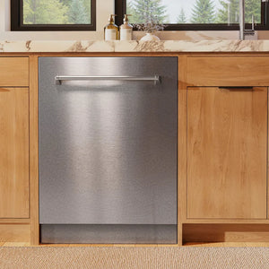 ZLINE 24 in. Monument Series 3rd Rack Dishwasher with Auto Door Open Drying, 44dBa, Satin Stainless Steel Panel (DWMT-SN-24) front, in a kitchen with wooden cabinets and a window view.