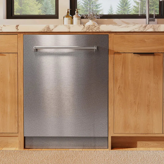 ZLINE 24 in. Monument Series 3rd Rack Dishwasher with Auto Door Open Drying, 44dBa, Satin Stainless Steel Panel (DWMT-SN-24) front, in a kitchen with wooden cabinets and a window view.
