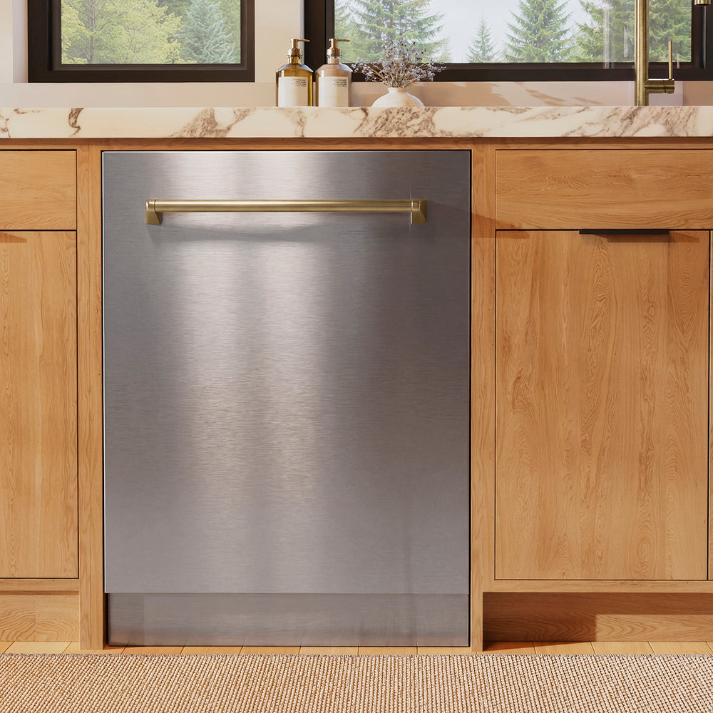 ZLINE Autograph Edition 24 in. Monument Series 3rd Rack Dishwasher with Auto Door Open Drying, 44dBa, Stainless Steel Panel with Champagne Bronze Handle (DWMTZ-304-24-CB)
