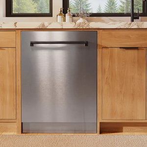 ZLINE Autograph Edition 24 in. Monument Series 3rd Rack Dishwasher with Auto Door Open Drying, 44dBa, Stainless Steel Panel with Matte Black Handle (DWMTZ-304-24-MB) front, in a kitchen with wooden cabinets and a window view.