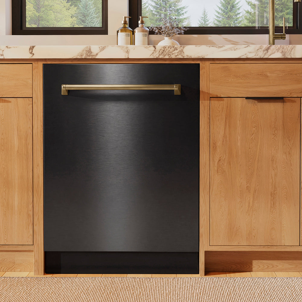 ZLINE Autograph Edition 24 in. Monument Series 3rd Rack Dishwasher with Auto Door Open Drying, 44dBa, Black Stainless Steel Panel with Champagne Bronze Handle (DWMTZ-BS-24-CB)
