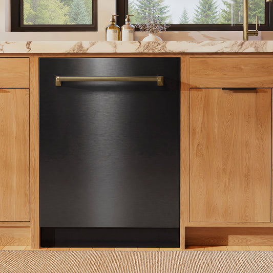 ZLINE Autograph Edition 24 in. Monument Series 3rd Rack Dishwasher with Auto Door Open Drying, 44dBa, Black Stainless Steel Panel with Champagne Bronze Helix Handle (DWMTZ-BS-24-KCB)