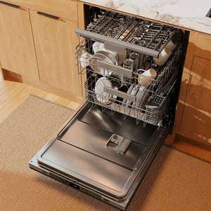 ZLINE Autograph Edition 24 in. Monument Series 3rd Rack Dishwasher with Auto Door Open Drying, 44dBa, Black Stainless Steel Panel with Polished Gold Helix Handle (DWMTZ-BS-24-KG) open with clean dishes, in a kitchen with wooden cabinets.