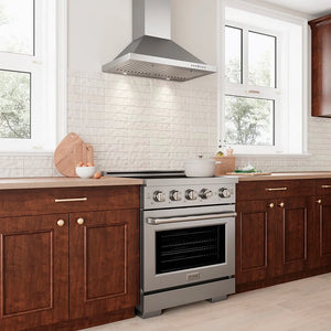 ZLINE 30 in. Convertible Vent Wall Mount Range Hood in Stainless Steel (KB-30) in a compact luxury kitchen with stainless steel induction range and wooden cabinets
