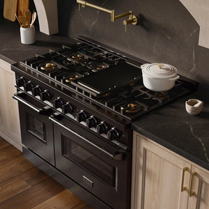ZLINE 48 in. 6.7 cu. ft. Classic Gas Range with 8 Burner DuoPro™ Cooktop and Dual Ovens in Black Stainless Steel (PCGRB-48) in a custom kitchen with marble backsplash and large range hood, side, above cooktop.