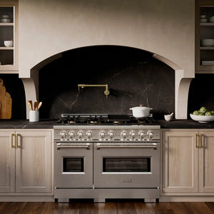 ZLINE 48 in. 6.7 cu. ft. Classic Dual Fuel Range with 8 Burner DuoPro™ Cooktop and Dual Ovens in Satin Stainless Steel (PCDRS-48) in a custom kitchen with marble backsplash and large range hood, front.